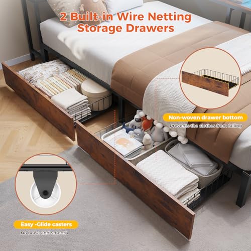 DICTAC Corner Twin Bed Frame with Bookcase Storage and Led Lights Metal Twin Size Platform Beds with Storage and Charging Station Twin Daybed with 2