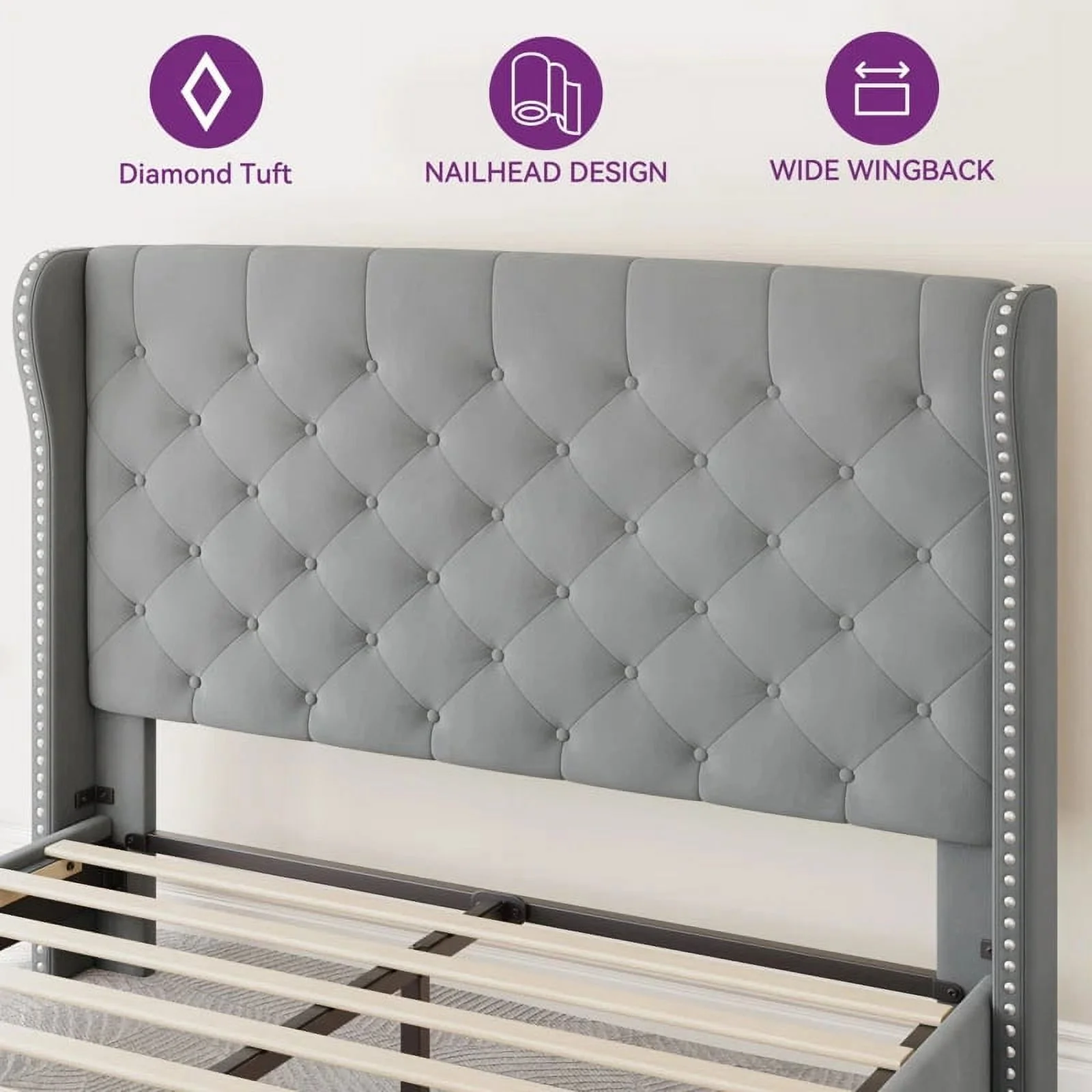 Dextrus Upholstered Bed Frame Queen Size, Platform Bed Base with Velvet Headboard & Footboard, Wingback Upholstered Bed Frame Mattress Foundation