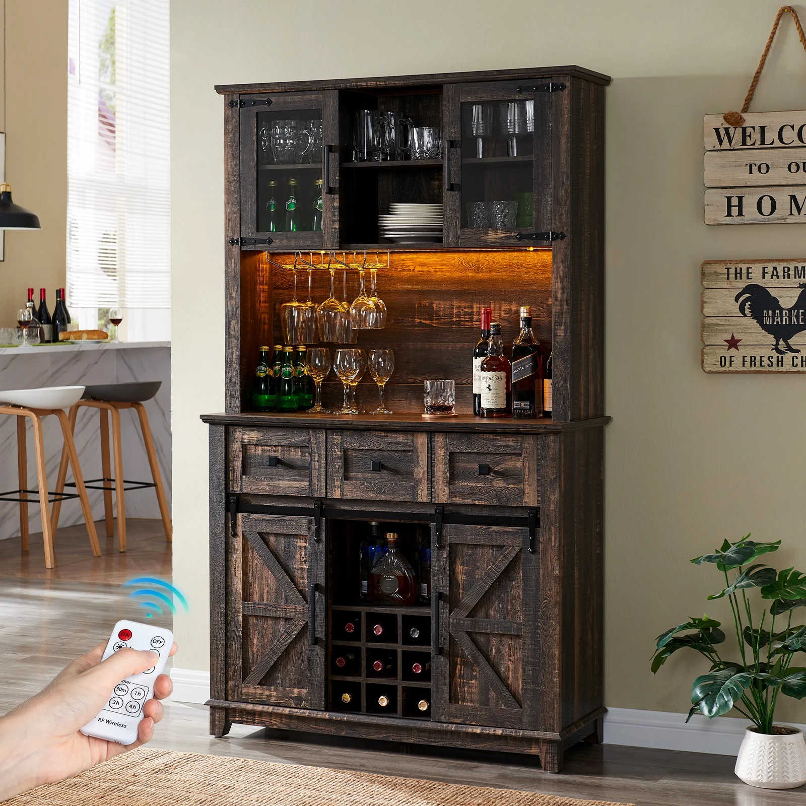 Amerlife Farmhouse Kitchen Cabinet Coffee Display Bar with LED Lights, Dark Rustic Oak
