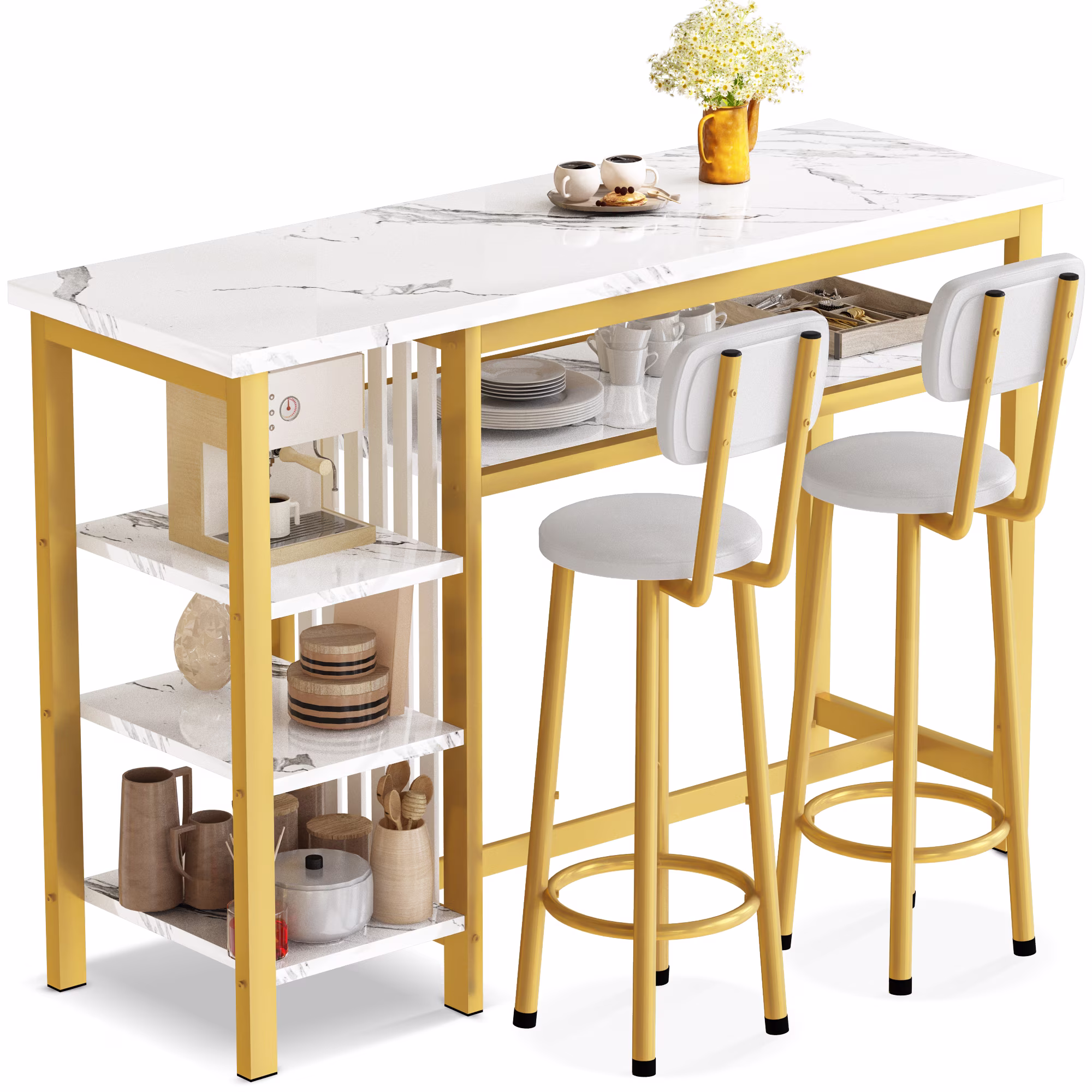 AWQM Bar Table Set, Modern Kitchen Table Set, Bar Counter Height Table Set with 2 PU Upholstered Stools, Dining Table Set with 4 Storage Shelves