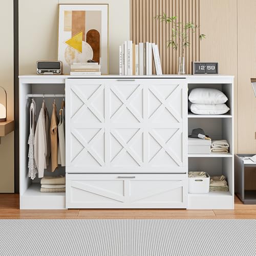 Harper & Bright Designs Full Size Murphy Bed Cabinet Wall Bed, Solid Pine Murphy Bed Chest with USB Ports