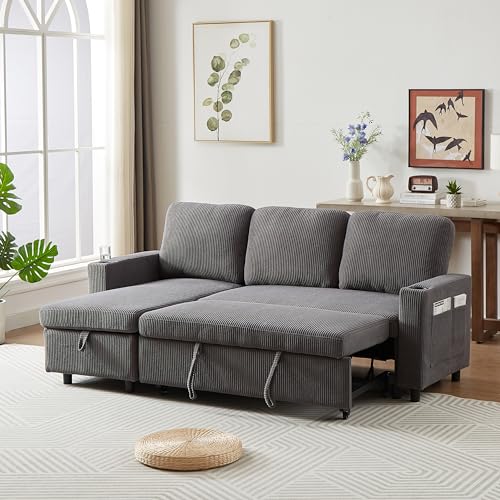 L-Shaped Pull Out Sleep Sofabed,Modern Reversible Sleeper Sectional Sofa Chenille Upholstered Button Tufted Decor with Storage Chaise