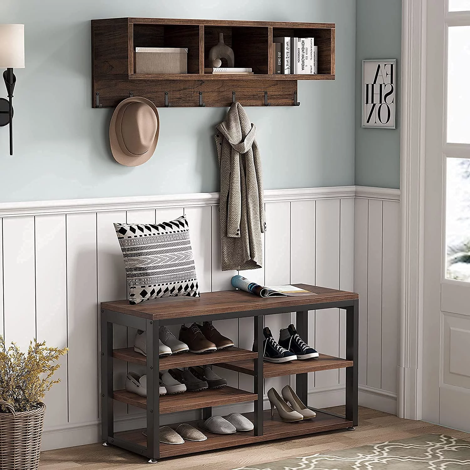 Tribesigns Hall Tree with  Bench, 3 Storage Cubbies, 7 Hooks for Entryway, Hallway
