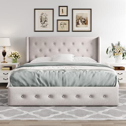 Allewie Full Size Lift Up Storage Bed, Modern Wingback Headboard, Hydraulic Support, No Box Spring Needed, Light Beige