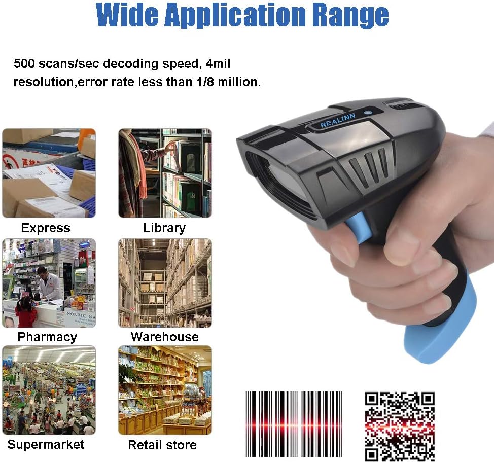 REALINN Cordless Barcode Scanner 2D QR Code Bar Code Reader with USB Cradle 328ft Transmission Distance CMOS Imager Data Matrix PDF417 UPC Scanners