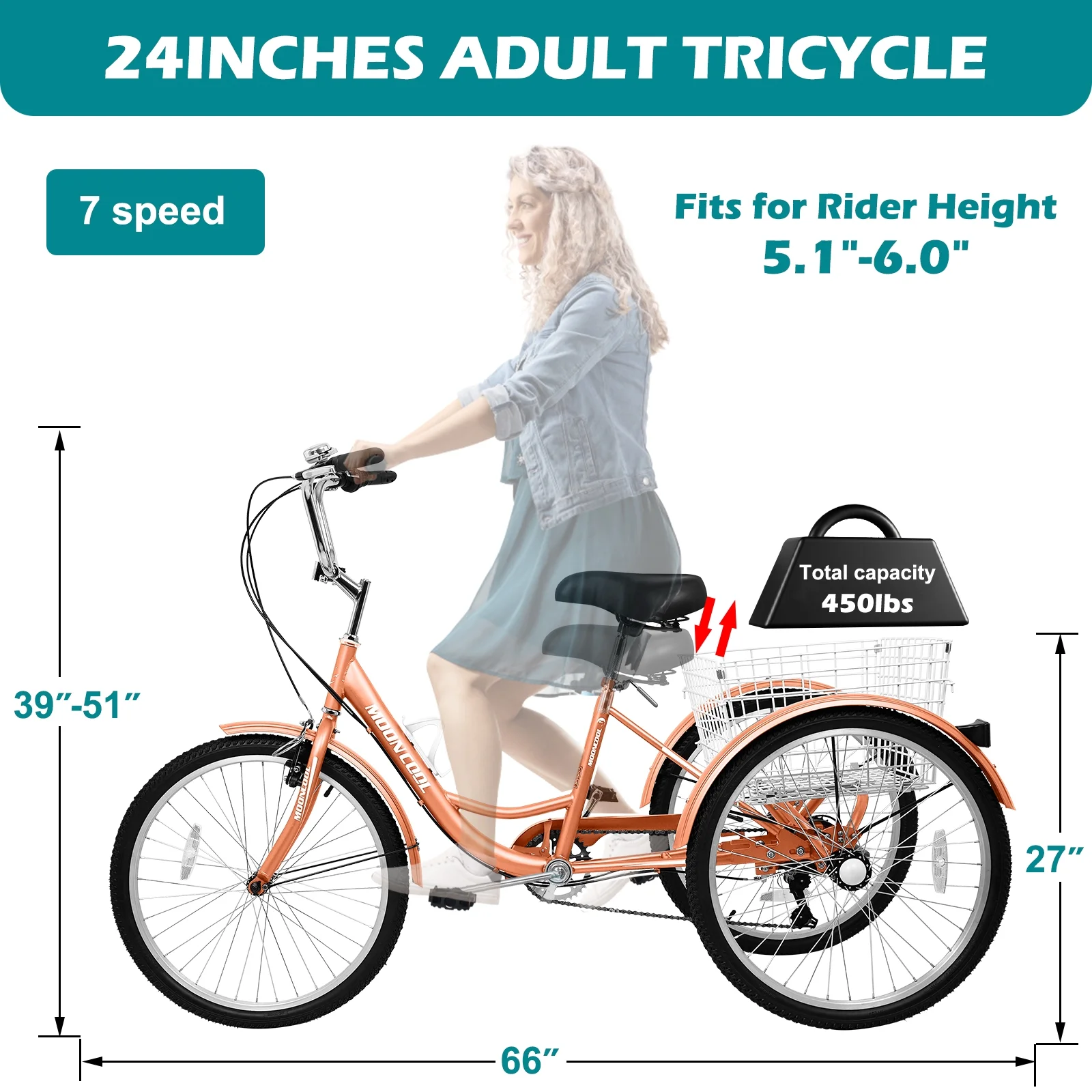 Lilypelle 24" Adult Tricycle 7-Speed ,3 Wheel Bicycles with Baskets,Adult Trike 350 Weight Capacity for Senior,Orange