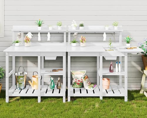 SERWALL Potting Bench Outdoor Potting Table with Sink, HDPE Potting Benches for Outside Gardening Table All Weather Use- Black