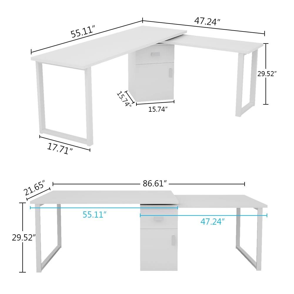 Rotating L-Shaped Computer Writing Desk with File Cabinet - Black