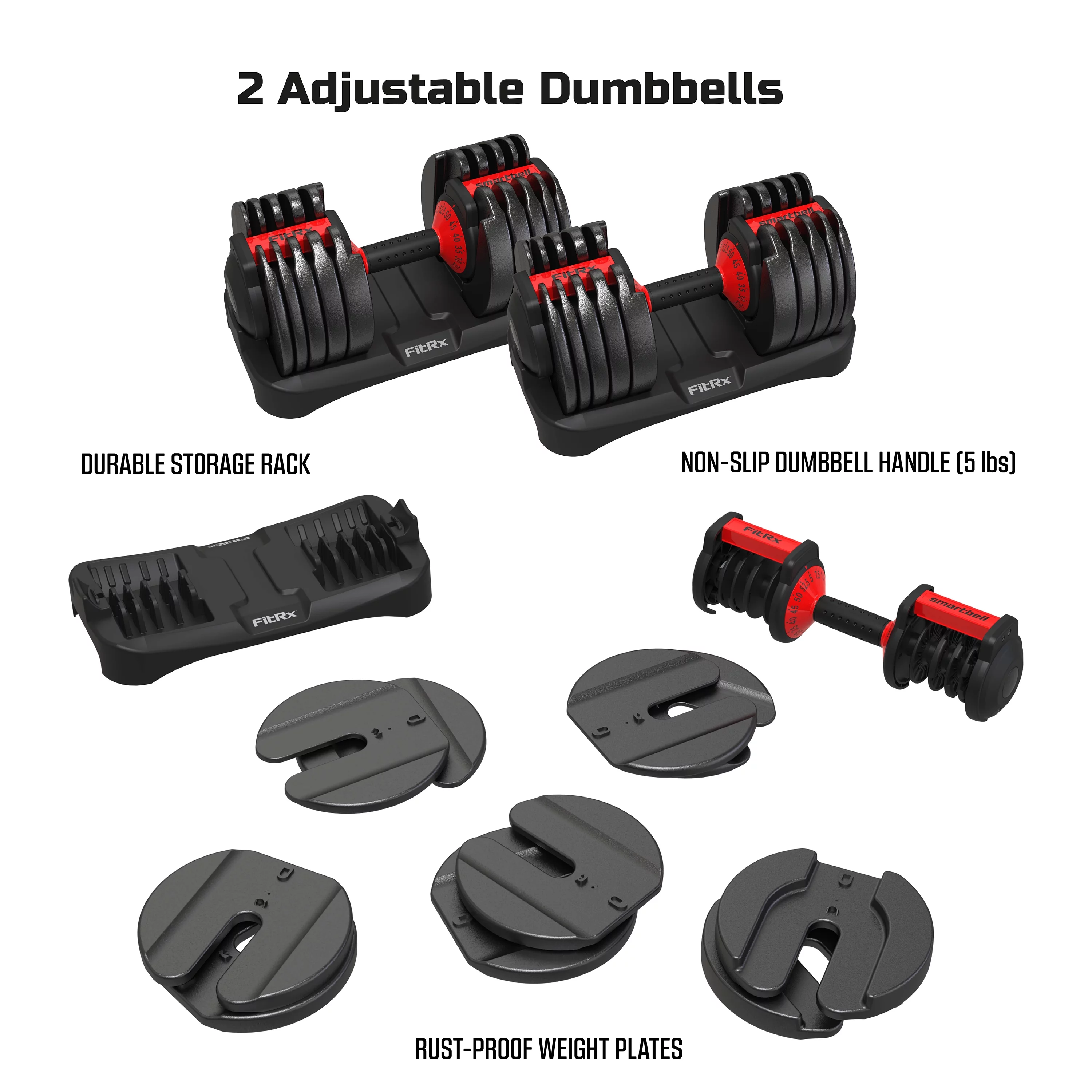 FitRx SmartBell, Quick-Select Adjustable Dumbbell for Home Gym, 5-52.5 lbs. Weight, Black, Single
