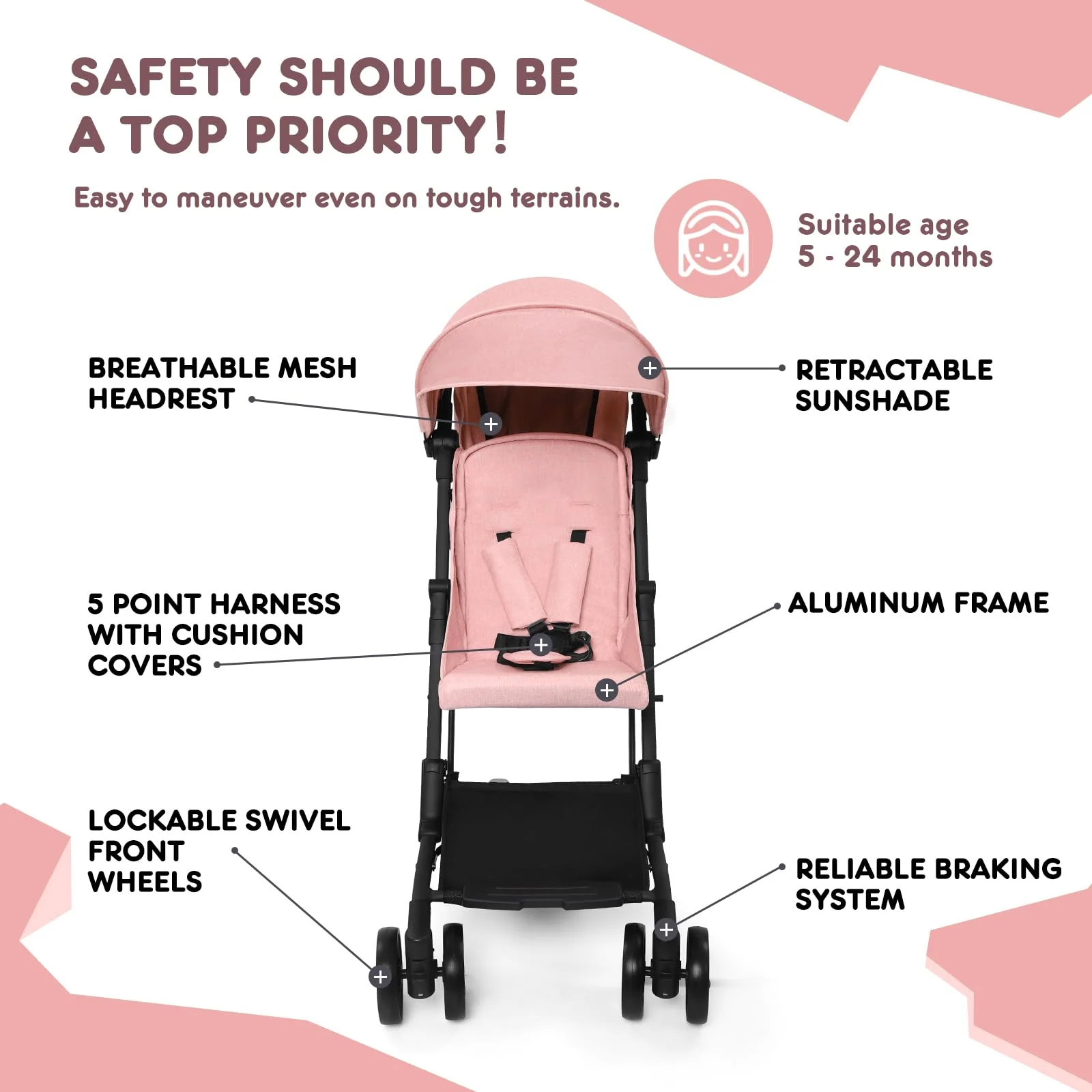 HARPPA Lightweight Travel Stroller, Compact Umbrella Stroller for Babies, Easy Folding, Pink