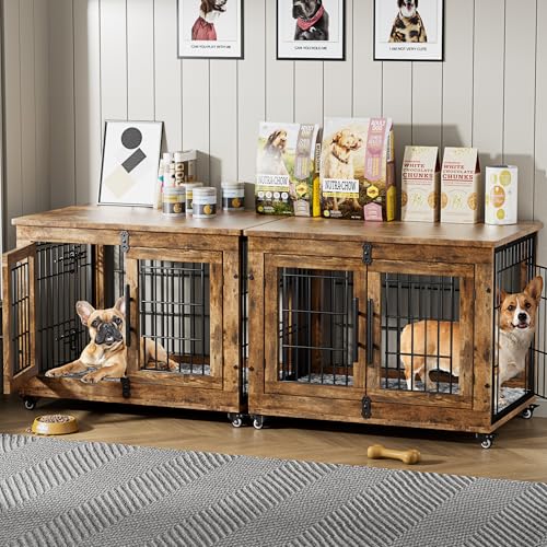 Lulive Dog Crate Furniture for Medium Dogs, 32'' Dog Kennel Indoor with Cushion & Wheels Wooden Dog Cage Double Doors Dog Crate End Table, Grey