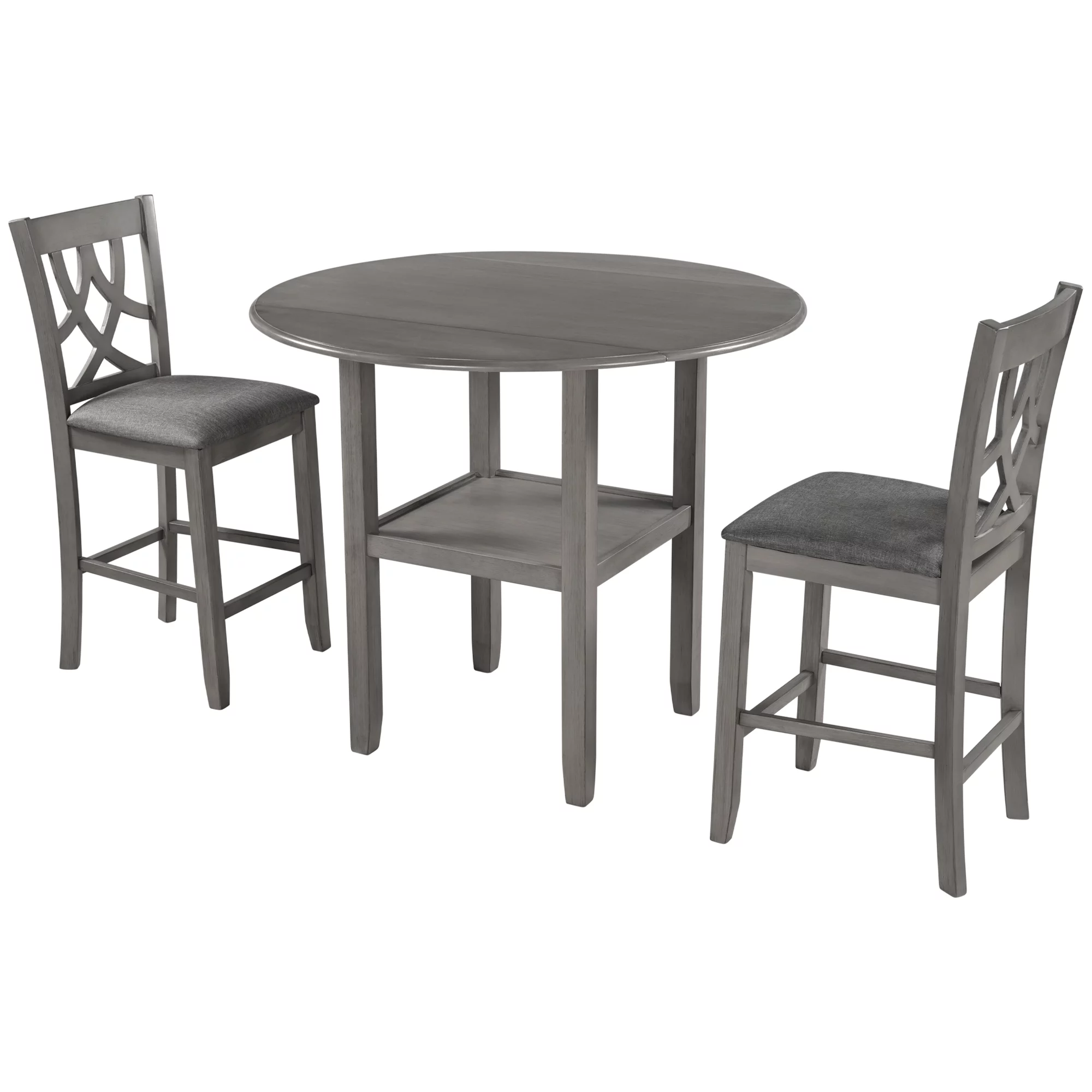 3 Piece Kitchen Nook Dining Table Set, Wooden Drop Leaf Table and 2 Dining Chairs, Counter Height Dining Set with Storage, Gray, D8315