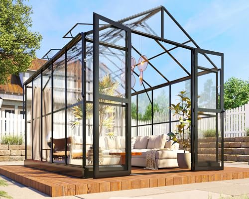 8x10x7.5 FT Greenhouse - Outdoor Aluminum Polycarbonate Greenhouse with Ventilation and Rain Gutter, Double Doors with Hook