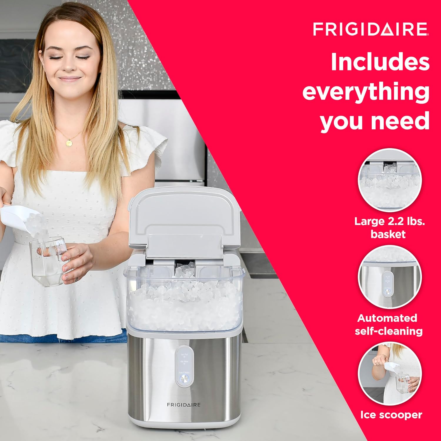 Frigidaire Countertop Crunchy Chewable Nugget Ice Maker, Compact, 33lbs per Day, Metallic Finish - Radiant Selections
