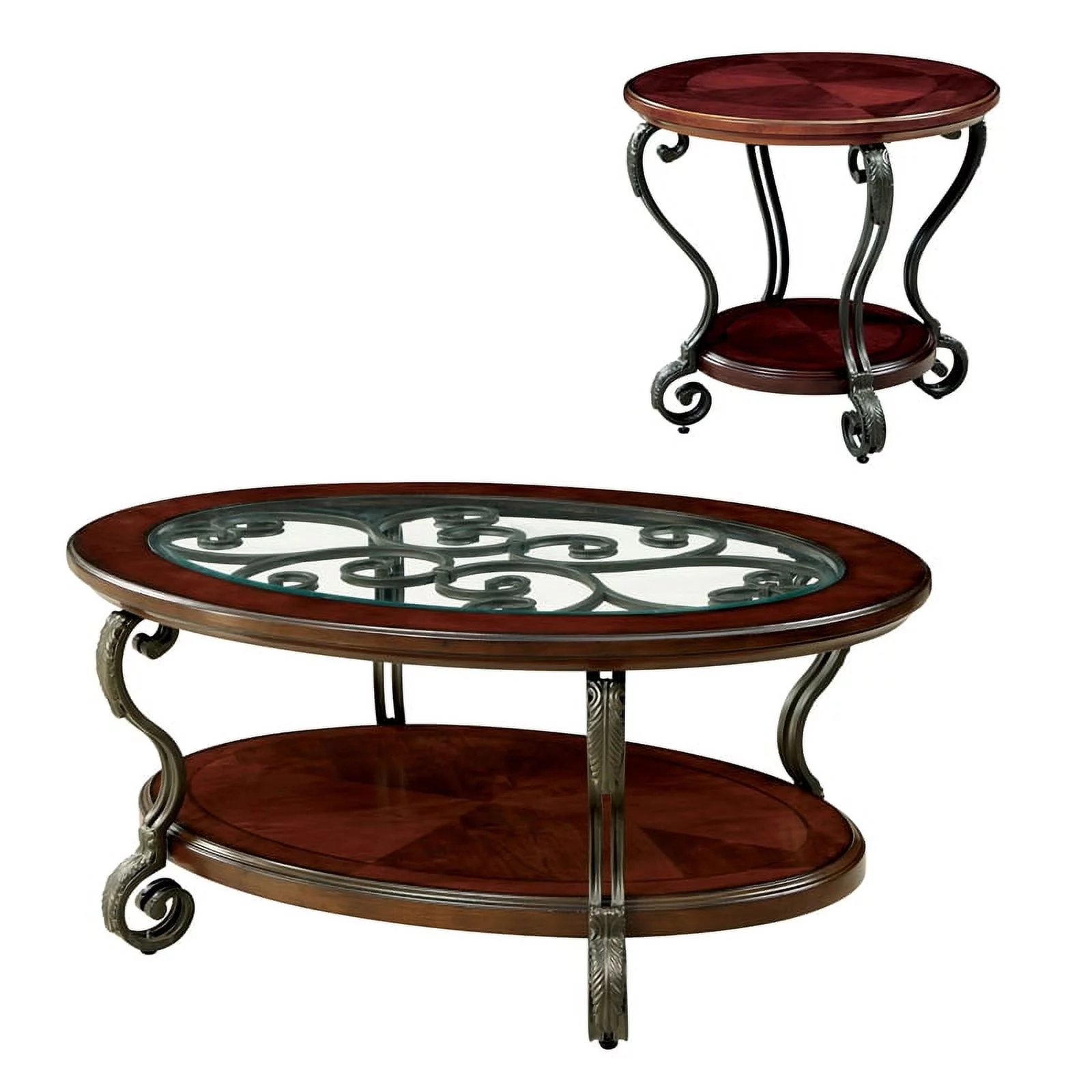 Furniture of America Azea Solid Wood 2-Piece Coffee Table Set in Brown Cherry