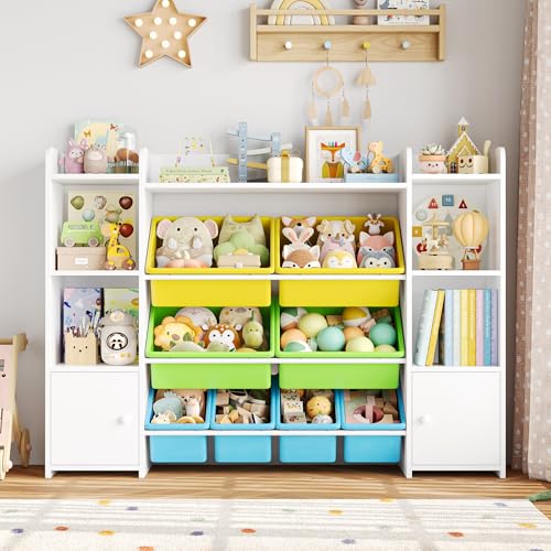 FOTOSOK 55''Large Toy Storage Organizer with 8 Toy Bins, Toy Organizers and Storage with Shelf and 6 Storage Cubbies, Bookshelf for Kids