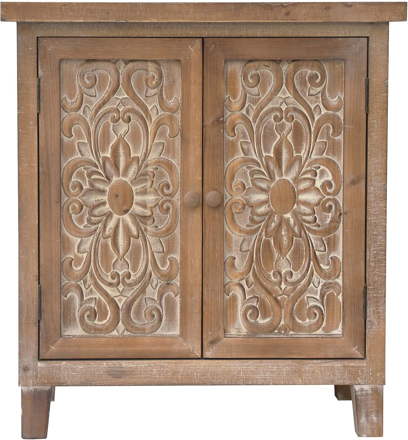 Rustic Wood Storage Cabinet, Entryway Cabinet with Carved Doors, Solid Wood Sideboard Accent Cabinet for Living Room, Bedroom, Kitchen, Bathroom
