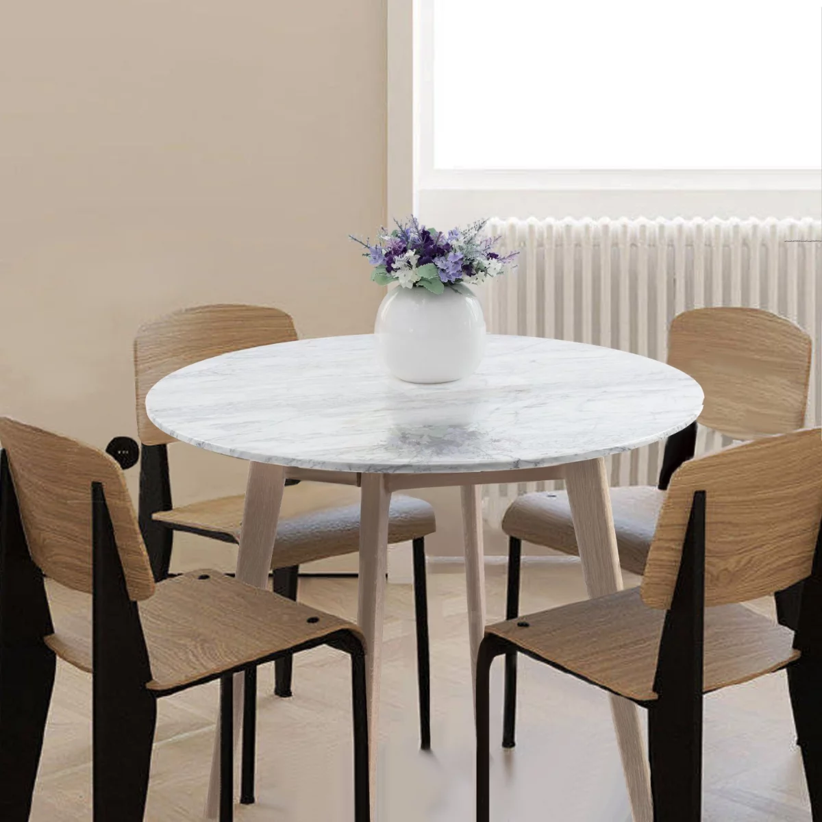 Contemporary Home Living 31.5" White and Beige Round Italian Carrara Marble Dining Table