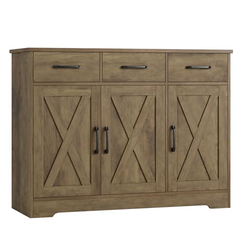 HOSTACK Modern Farmhouse Sideboard Buffet Cabinet, Barn Doors Buffet Storage Cabinet with Drawers and Shelves