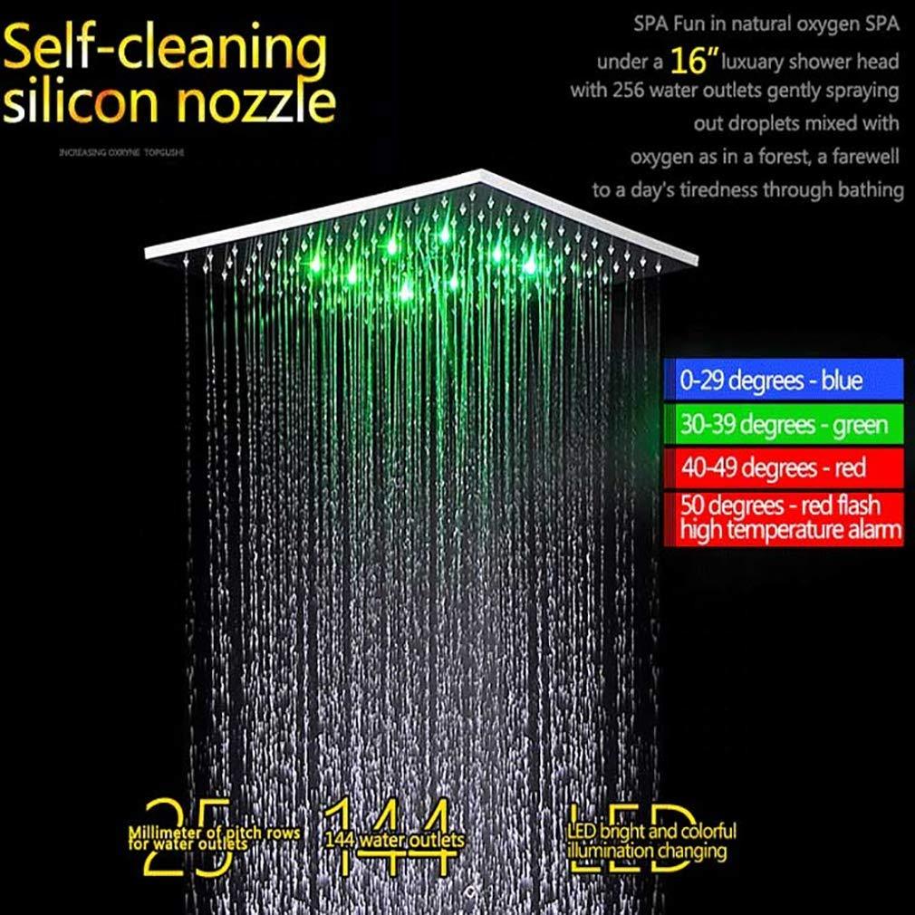 Cascada Luxury 16" Square Ceiling Mounted Thermostatic Rainfall LED Shower With Body Jets Automated LED Light RGB Color - Stainless Steel (16 Inch