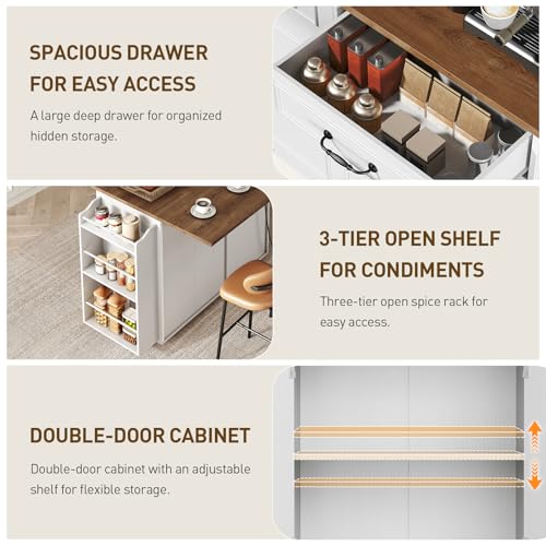 Kitchen Island with Power Outlet & Drop Leaf, Mobile Rolling Cart with Trash Can Storage, 3-Tier Spice Rack,Island Table for Kitchen, Dining Room