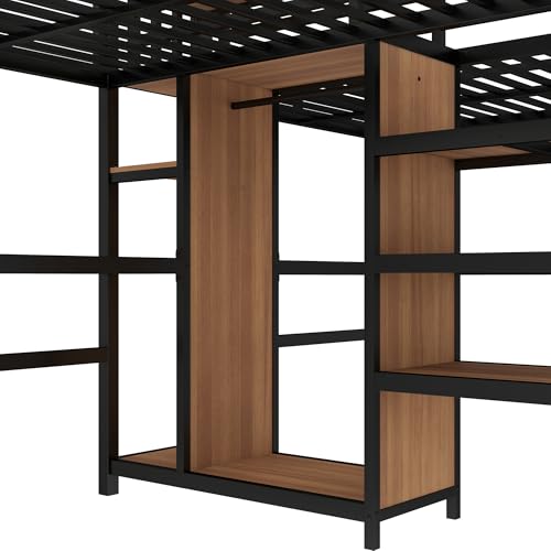Bellamave Metal Loft Bed with Wardrobe and L-Shaped Desk, Full Size Loft Bed with Storage Cubes and Shelves, Heavy Duty LoftBed for Kids Teens Adults