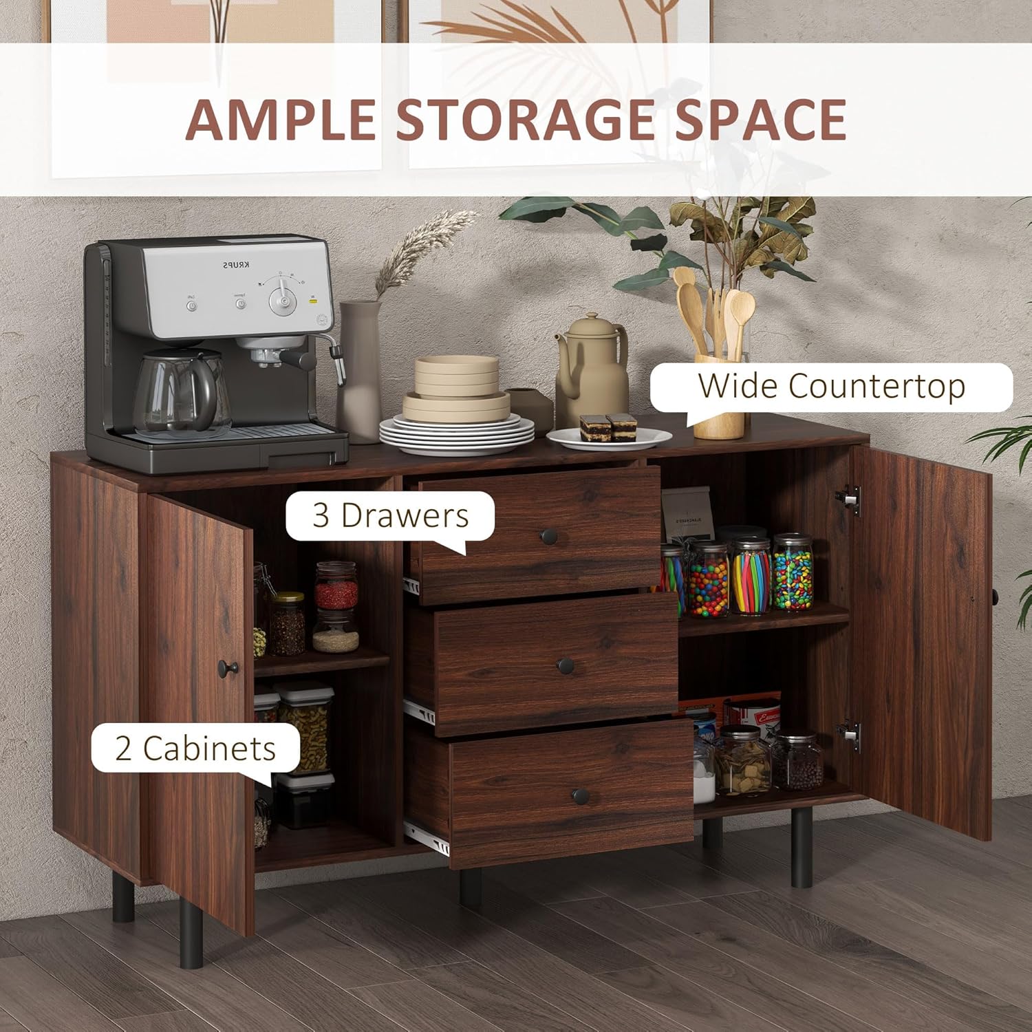 HOMCOM Sideboard Buffet Cabinet, Kitchen Cabinet with 2 Cupboards, 3 Drawers and Adjustable Shelves, Coffee Bar Cabinet for Living Room, Entryway