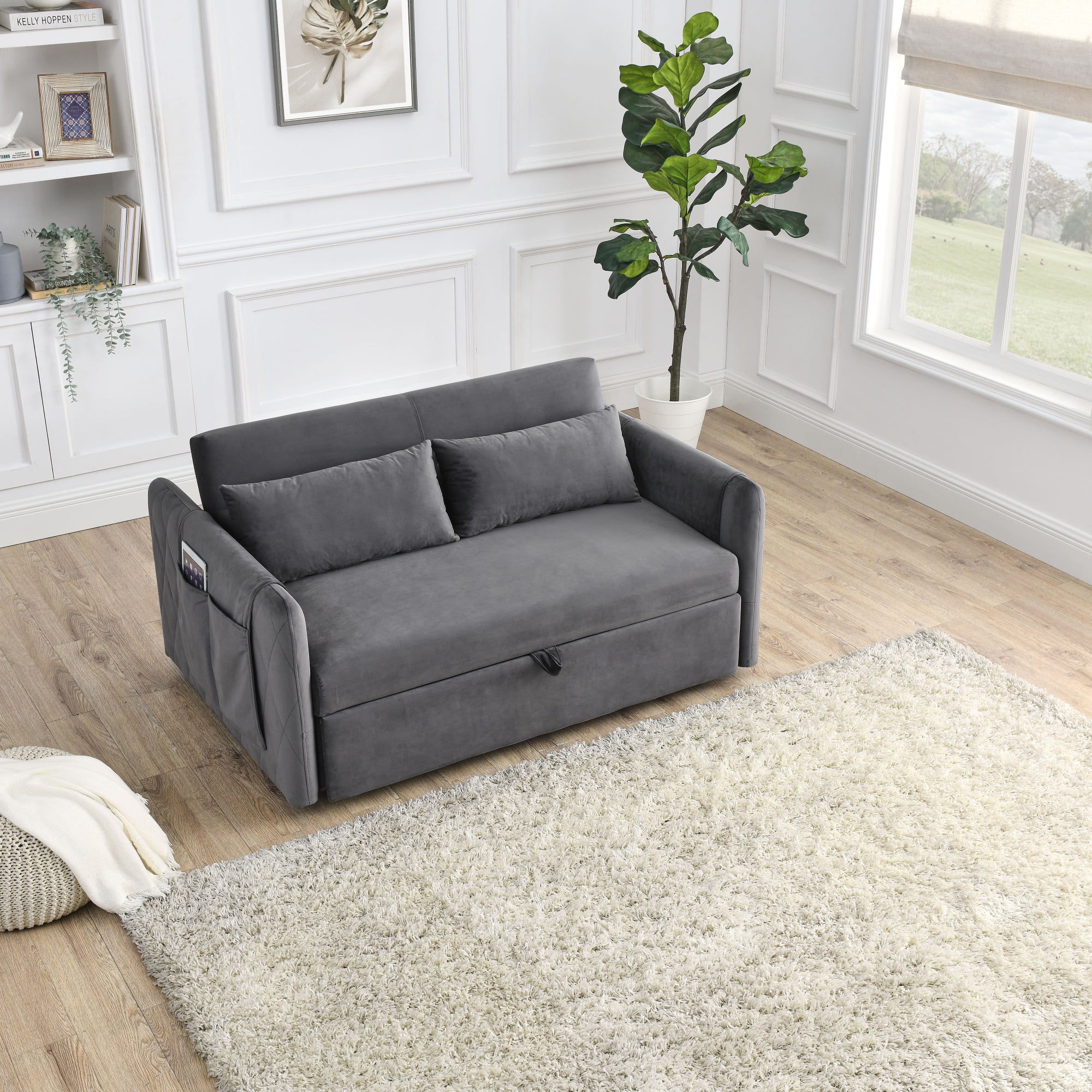 Ufurpie 55"L Modern Velvet Pull Out Sofa Bed,Convertible Velvet Sleeper Sofa Bed with Adjustable Backrest&2 Pillows,Gray