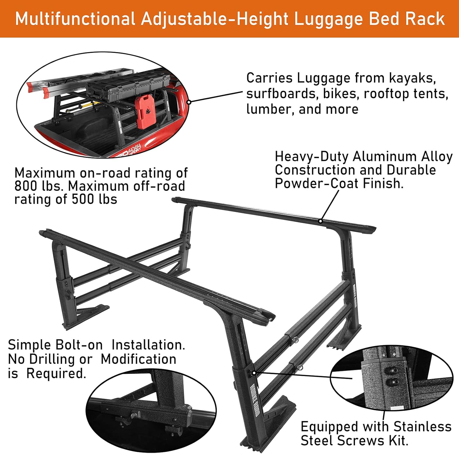 u-Box Overland Truck Bed Cargo Rack Extendable Aluminum Truck Ladder Rack Compatible with Most Commom Pickup Trucks (Without Factory Utility Tracks)
