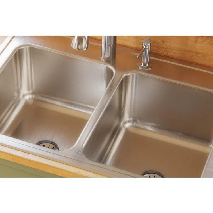 Kitchen Sink Lustertone Classic 33 x 22 Inch Double Bowl Equal with Perfect Drain 4 Hole Lustrous Satin Drop-In 10-1/8 Inch