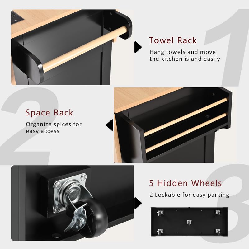 55.7'' Large Kitchen Island with 2 Drop Leaf, Rolling Kitchen Cart on 5 Wheels with Power Outlet