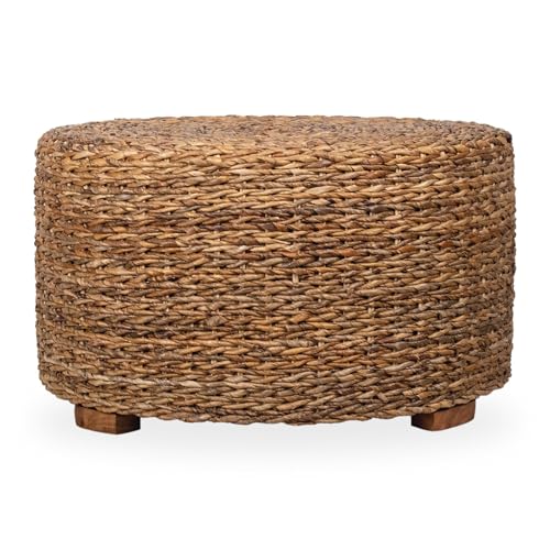 East at Main Abella Round Woven Rattan Coffee Table, Coastal Boho Coffee Table with Natural Finish