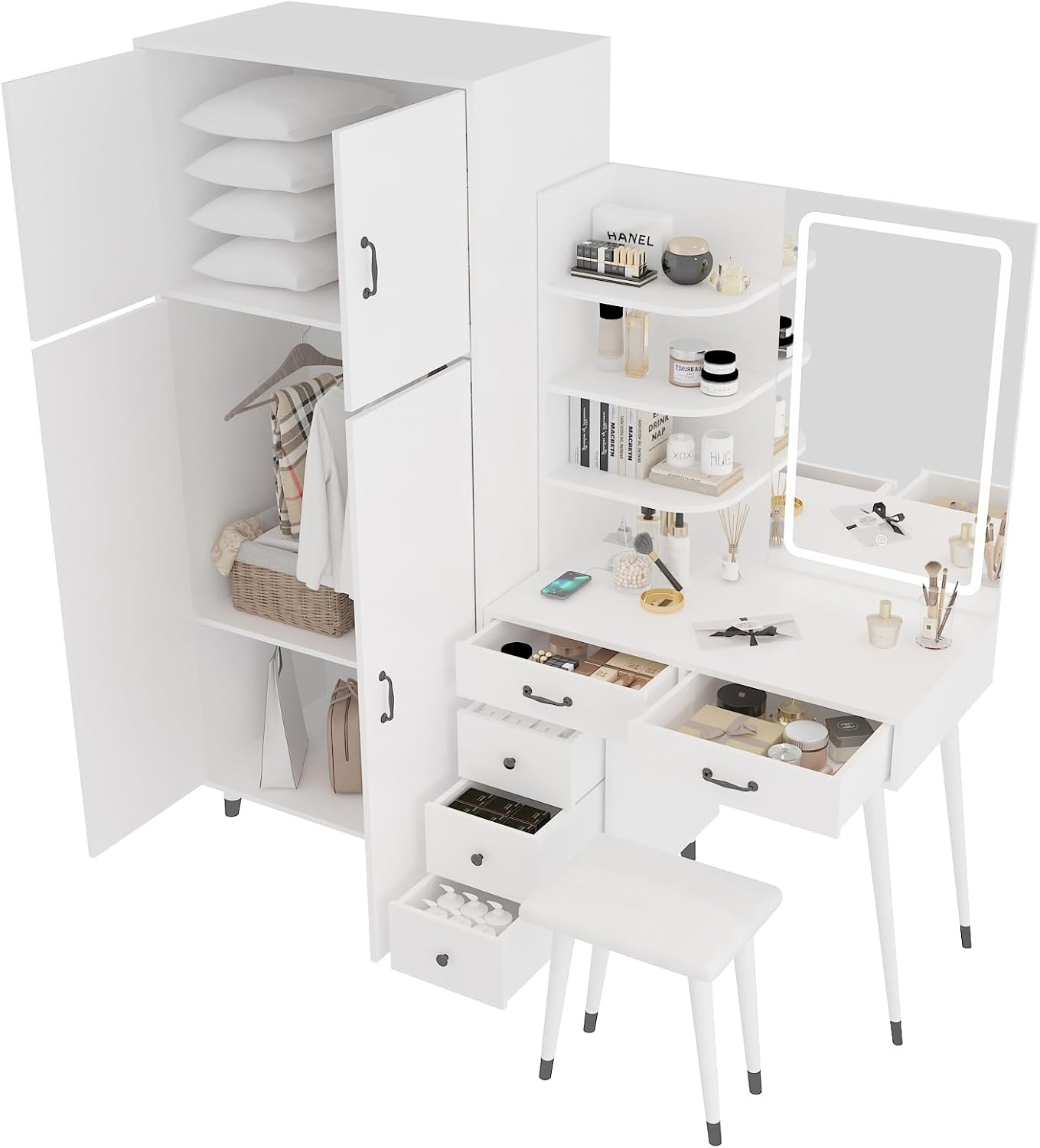 Makeup Vanity Table and Large Armoire Wardrobe Set, Dressing Table with LED Mirror and Power Outlets and 5 Drawers, 4 Door Bedroom Closet, White