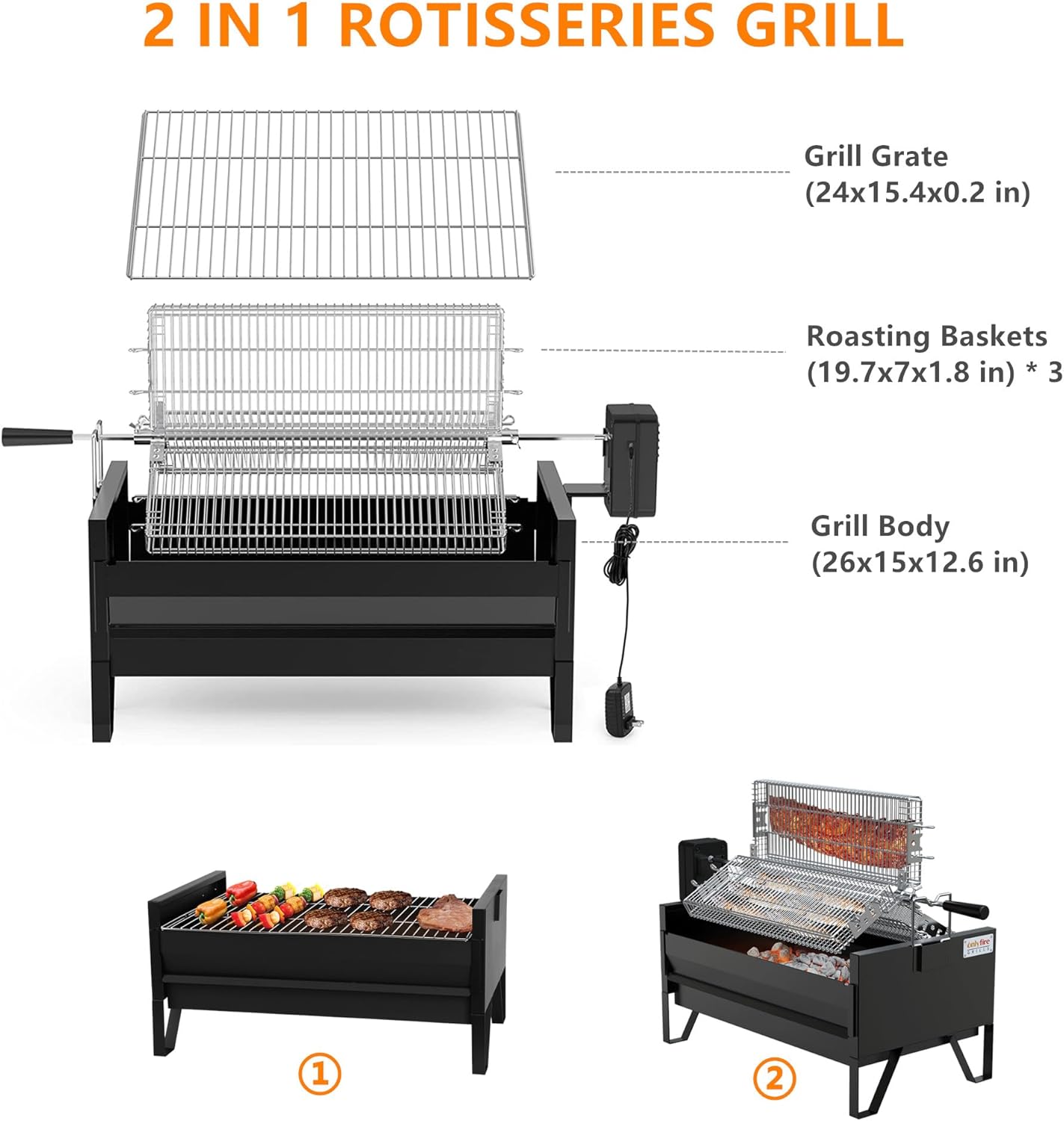 Onlyfire 2 IN 1 Charcoal Grill Rotisserie Kit with 3 Stainless Steel Rotating Baskets and 24 In Grill Grate