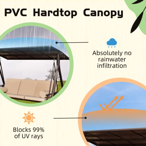 YOLENY Oversized Outdoor Porch Swing with Hardtop, 3 Seat Patio Swing with 2 Side Cup Holder, 3-in-1 Convertible Backrest Swing Bed with Cushion