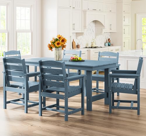 SERWALL Outdoor HDPE Dining Table Set, 7-Piece Outdoor Dining Table Sets with Umbrella Hole Cut-Out Table and 6 Chairs, Gray