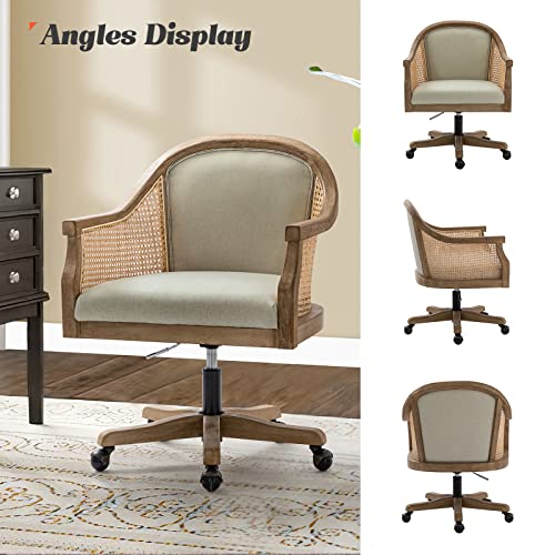 HULALA HOME Rattan Desk Chair, Upholstered Home Office Chair, Vintage Office Chair with Armrest