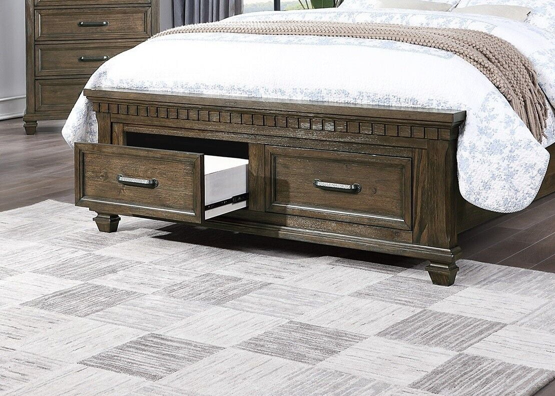 Traditional Unique Design Queen Size Bed 1pc Bedframe High Fabric Headboard Storage Drawers Footboard Antique Brown Finish