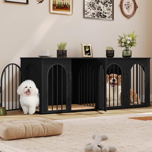 71" Dog Crate Furniture for 2 Dogs, Heavy Duty Indoor Dog Kennel TV Stand, XXL Wooden Dog Cage with Divider for Medium Large Dogs