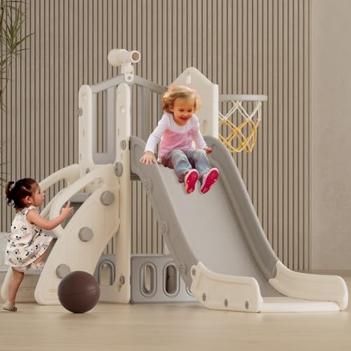 XJD 5 in 1 Toddler Slide, Kids Slide for Toddlers Age 1-3, Outdoor Indoor Playset for Toddlers with Basketball Hoop and Ball