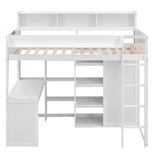 Twin Size Loft Bed with Desk, Multiple Storage Shelves and Wardrobe