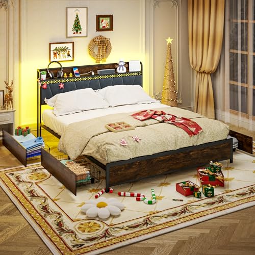King Size Platform Bed Frame with Upholstered Shelf Headboard and 4 Under-bed Storage Drawers, Outlet with Charging Port & LED Light Design