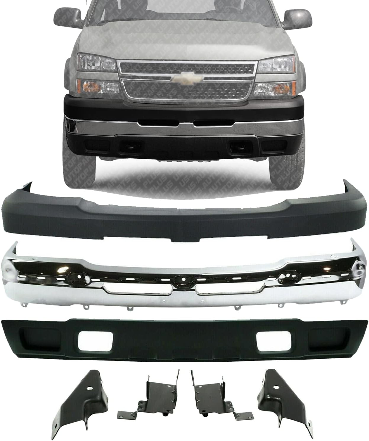 US AUTO PARTS PLUS Front Bumper Chrome Steel+Upper Cover+Lower Valance Textured+Bracket Set Left Right Side 2003-2006 Chevrolet Silverado 2500HD 3500
