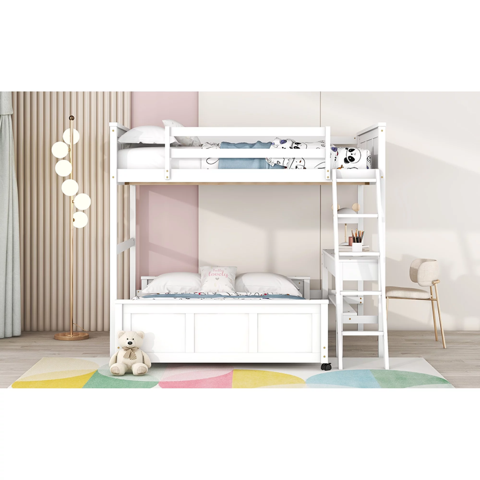 Full Over Full Bunk Bed with Desk, White