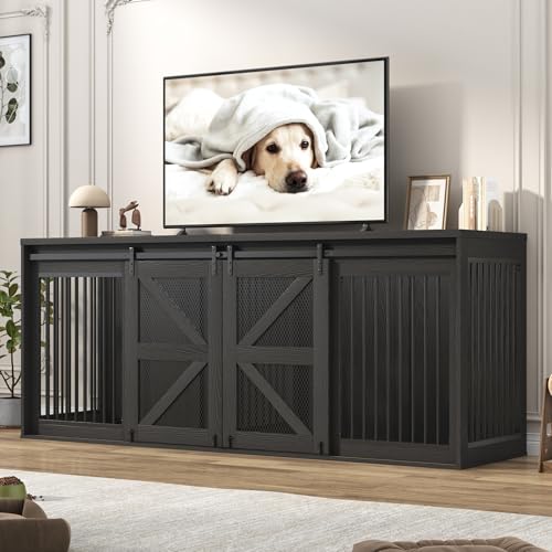 87In Farmhouse Dog Crate TV Stand, Wooden Dog Kennel Furniture with Sliding Metal Mesh Barn Door, Large Dog Crate Furniture for 2 Dogs