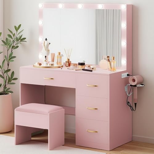 YITAHOME Vanity Desk Set with Large 35" LED Mirror and Lights, Makeup Table with 4 Drawers & Stool, 2 AC Outlets and 2 USB Ports, Adjustable Lighting