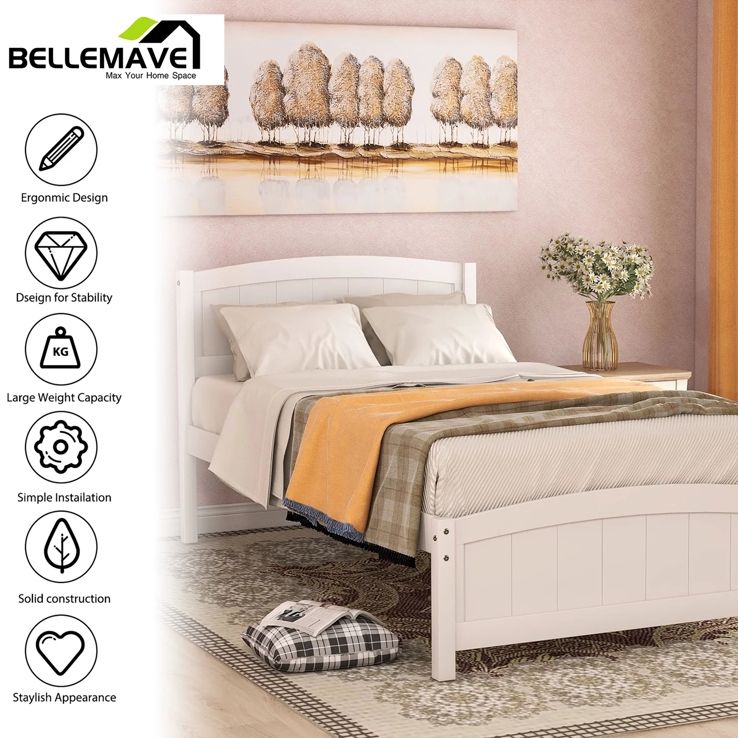 Bellemave Twin Wood Kids Platform Bed for Boys and Girls, White