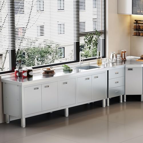 ZZV Freestanding Stainless Steel Sink with Cabinet Heavy Duty Utility Sink Commercial for Kitchen Restaurant Hotel Cafe and Outdoor