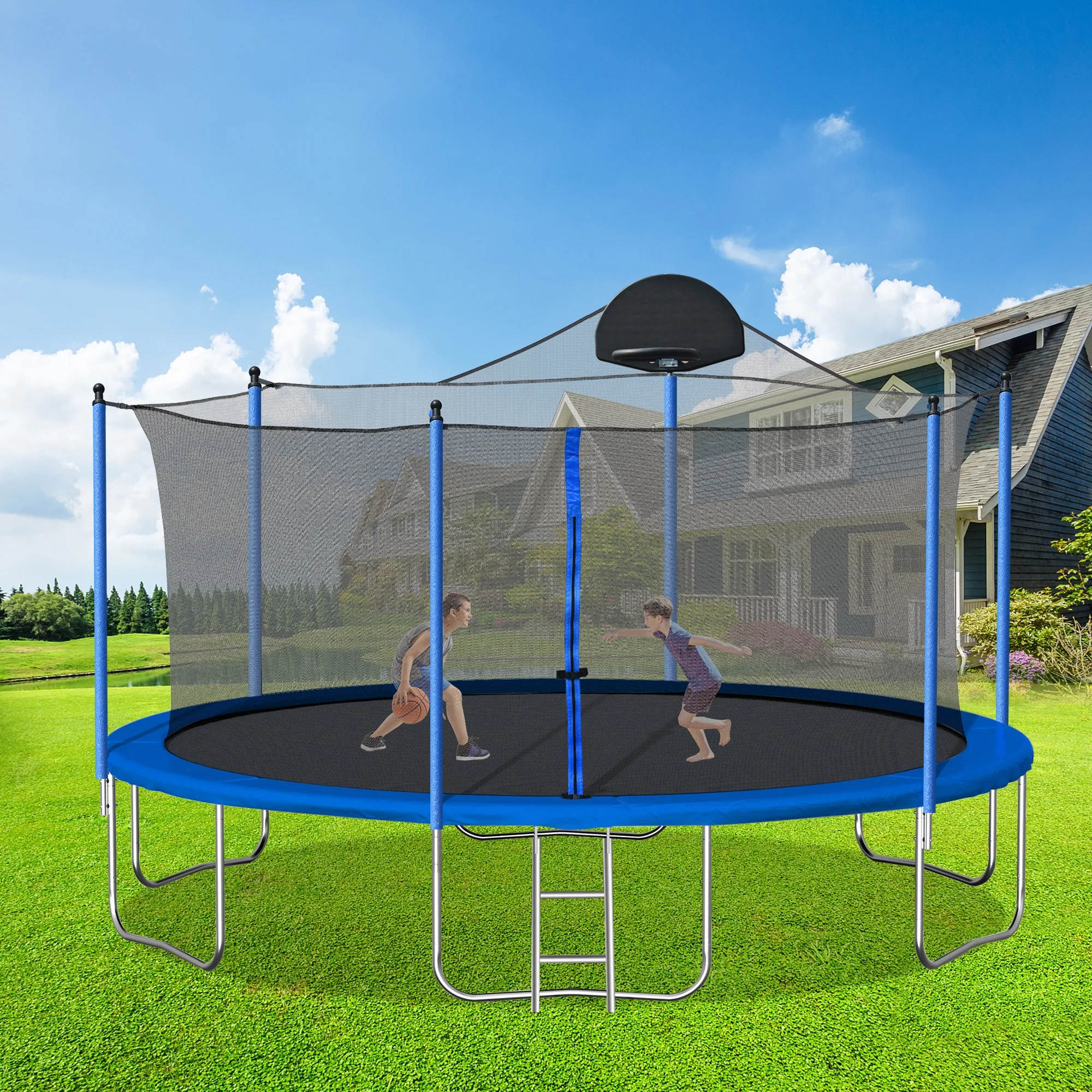 Highsound 14 FT Trampoline Set with Safety Enclosure Net, Basketball Backboard and Ladder-Metal for Kids & Adults, Easy Assembly