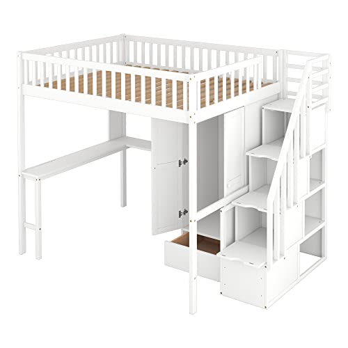 Twin Loft Bed with Staircase, Desk and Wardrobe, Wood Loft Bed with Storage Shelves and Safety Guardrail
